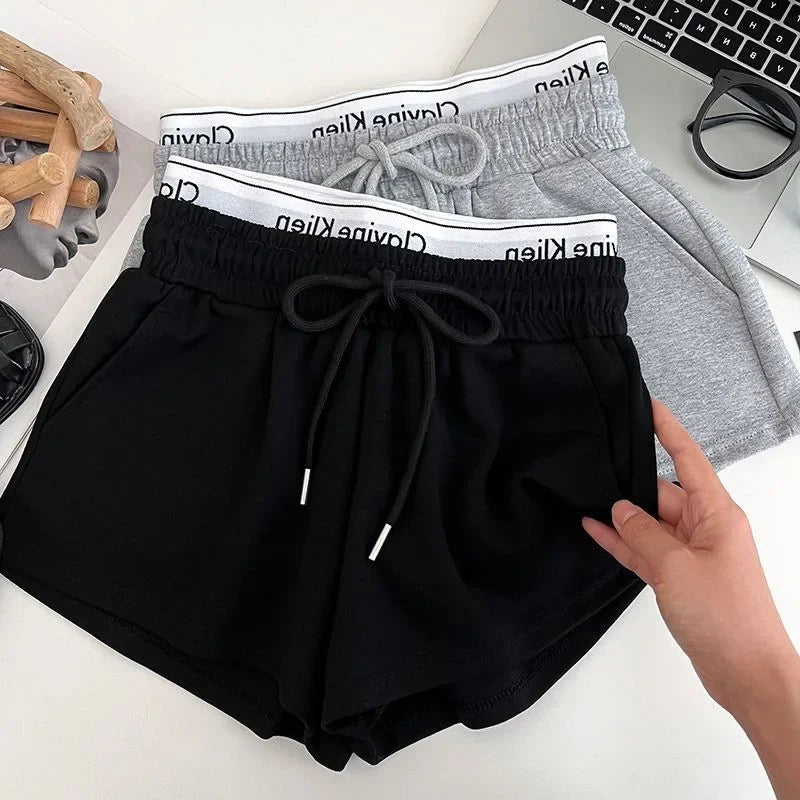 High Waist Drawstring Elastic Shorts Casual Sports Hot Pants Women's Summer New Letter Print Slimming Fake Two-Piece Pants