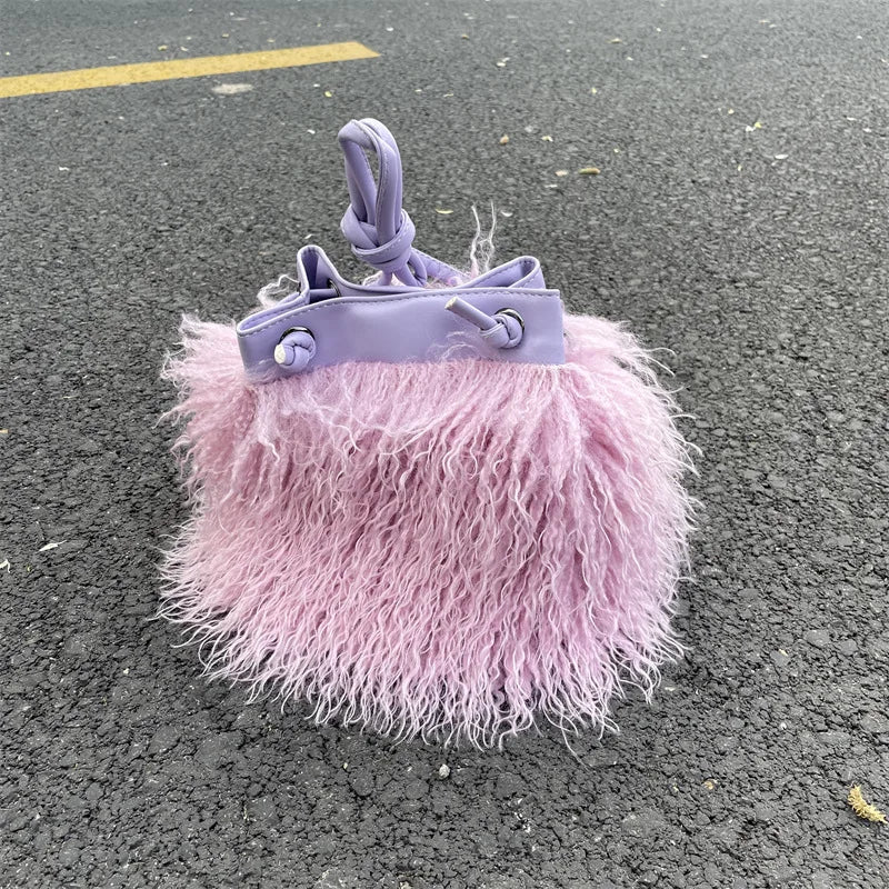 Luxury Colorful Tassels Furry Drawstring Bucket Bag Women Plush Handbag Harajuku Street Punk Y2k Hot Girls Faux Fur Shoulder Bag