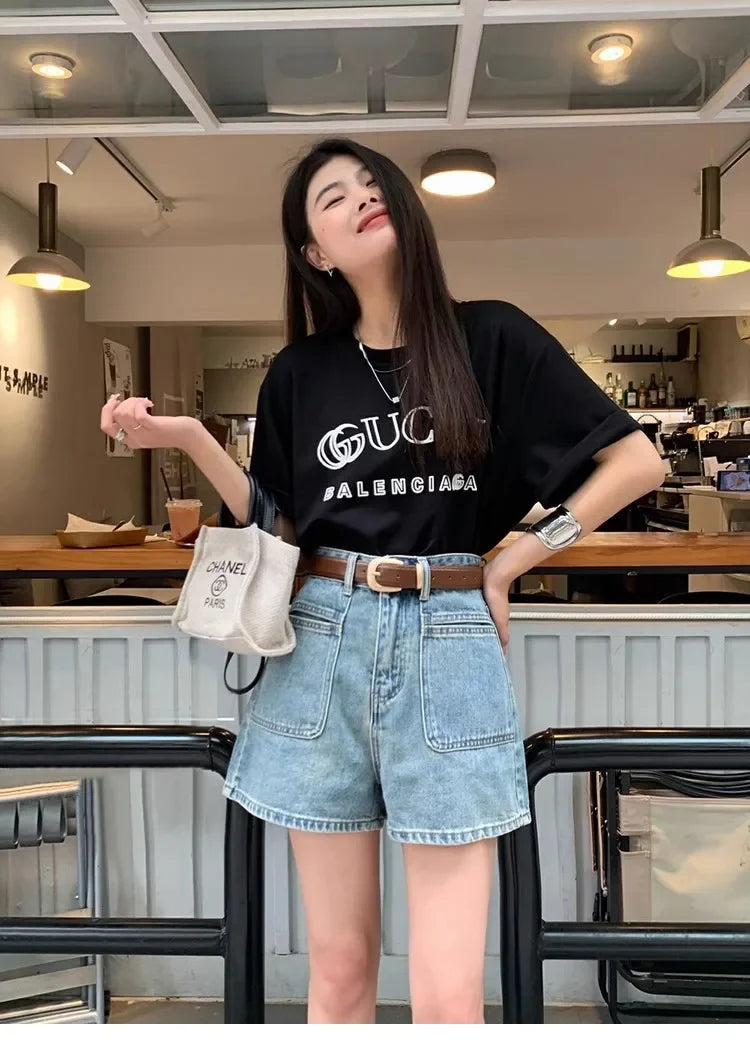 Retro High Waist Straight Jeans Shorts Female Hot Girl Versatile Slim A-line Loose Wide-leg Hot Pants Ins
