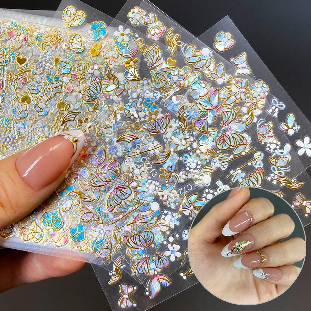 3D Gold Bronzing Moon Star Nail Stickers 20/30pcs Metallic Geometry Line Nail Decals Adhesive Metallic Laser Manicure Slider 6cm