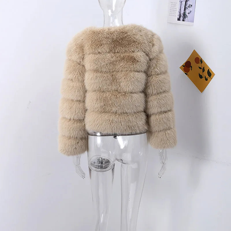 Fur Faux Jacket Women Coat Elegant Round Neck Long Sleeve Furry Female Coats 2024 Winter Fashion Lady Warm Solid Streetwears