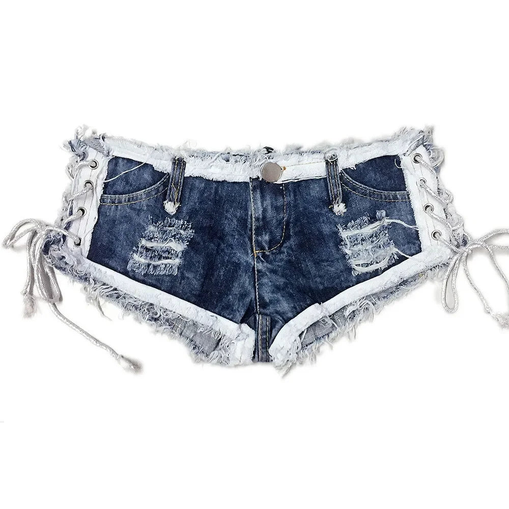 Summer New Ultra-short Side Strap Bandage Denim Shorts For Women Blue Low Waist Hole Short Jeans Feminino