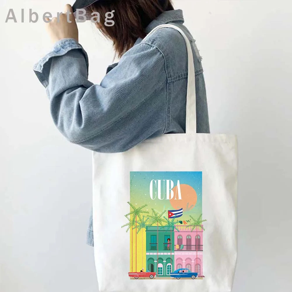 Cuba Country Map Flag Havana Travel Cuban Watercor Shopper Harajuku Canvas Totes Bag Cubana Girl Gift Love Heart Cotton Handbags