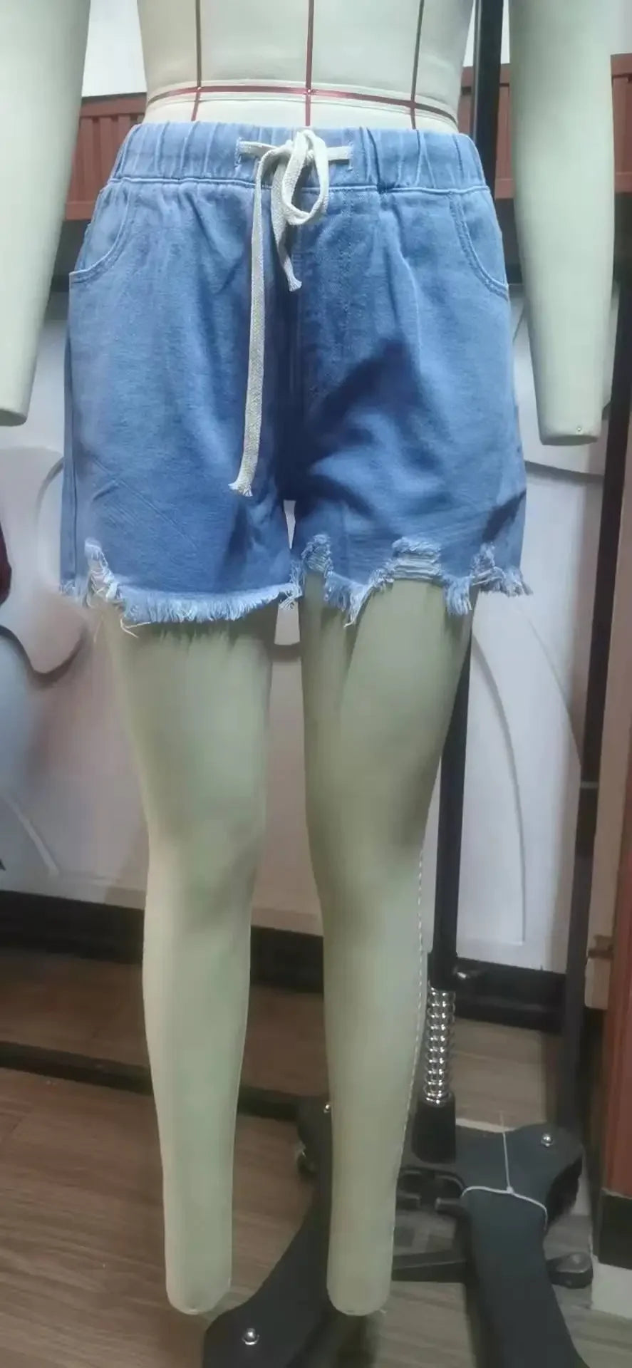 Shorts Women Hole Jeans Distressed Drawstring Elastic Waist Washed Denims 2025 Mom Jeans Streetwear Vintage Straight Short Pants