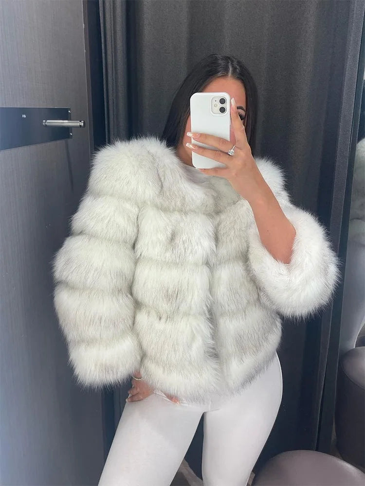 Fur Faux Jacket Women Coat Elegant Round Neck Long Sleeve Furry Female Coats 2024 Winter Fashion Lady Warm Solid Streetwears