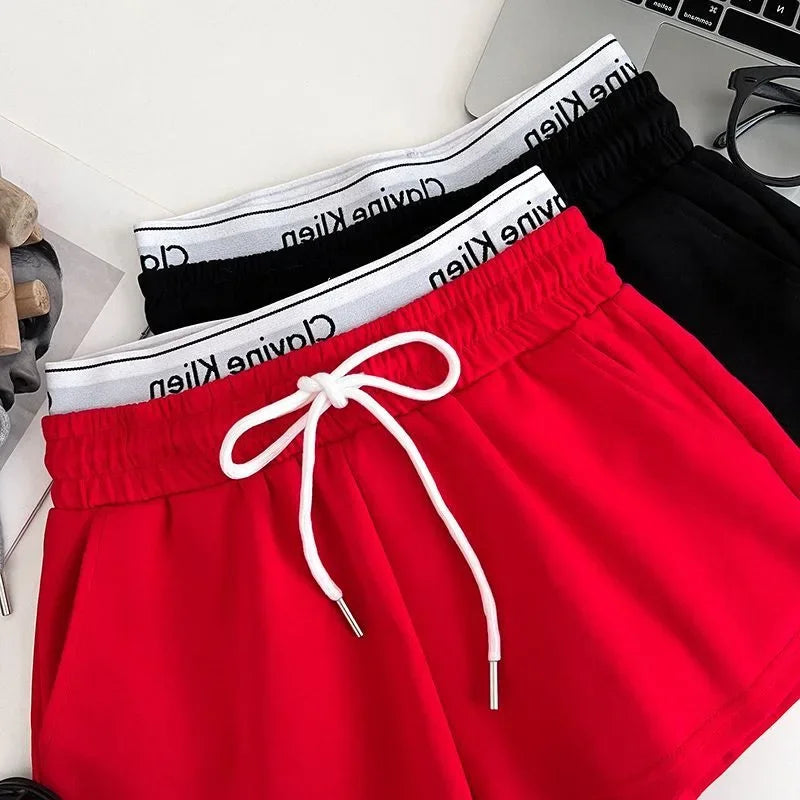 High Waist Drawstring Elastic Shorts Casual Sports Hot Pants Women's Summer New Letter Print Slimming Fake Two-Piece Pants