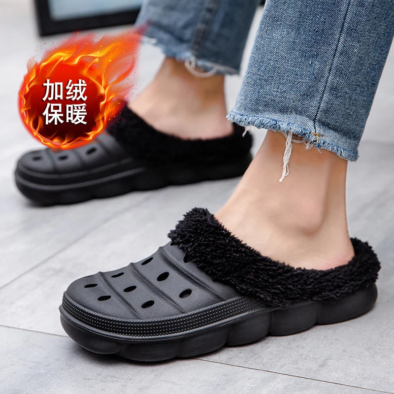 Waterproof cotton slippers for men winter 2024 new cashmere thickened warm waterproof non-slip indoor shoes