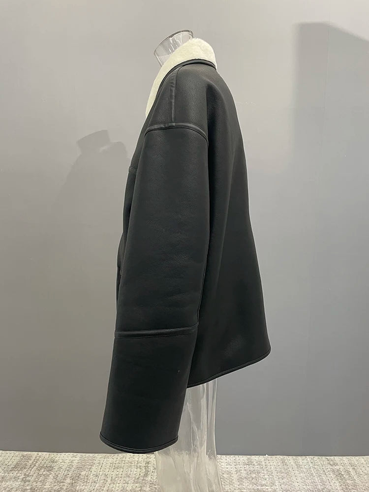 [LANMREM] Faux Fur Thick Warm Coats Lapel Single Breasted Office Lady Elegant Female Outwear Fashion 2025 Winter New 26C1095