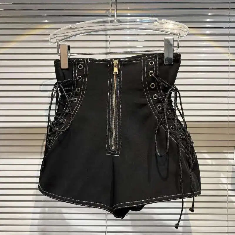 DEAT Women's Fashion High Waist Zipper Design Shorts Trendy Casual A-line Side Straps Short Pants Female Spring New 11A02658