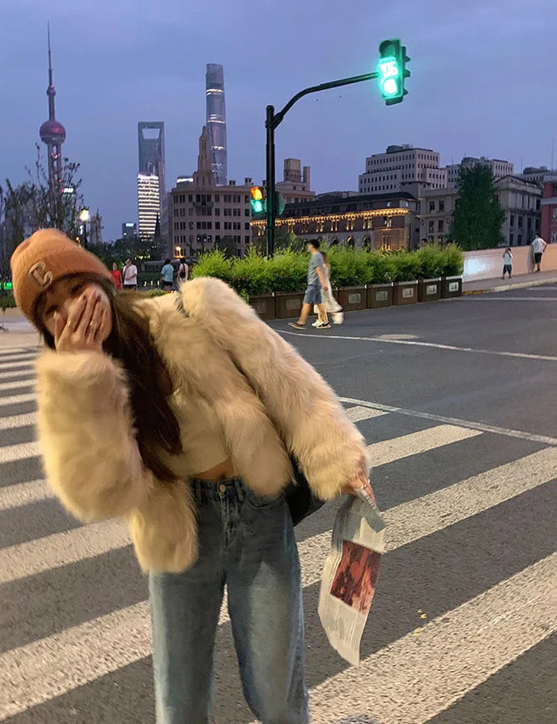 Faux Fur Coat Women Clothing Y2K Autumn New Fashion Casual Imitation Fox Fur Jacket Crop Loose All Match Warm Female Winter Top