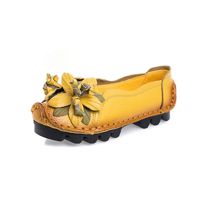 Genuine Leather Ballet Flats Women's Slip On Loafers Vintage Handmade Flower Soft Muffin Platform Casual Walk Dress Shoes Woman