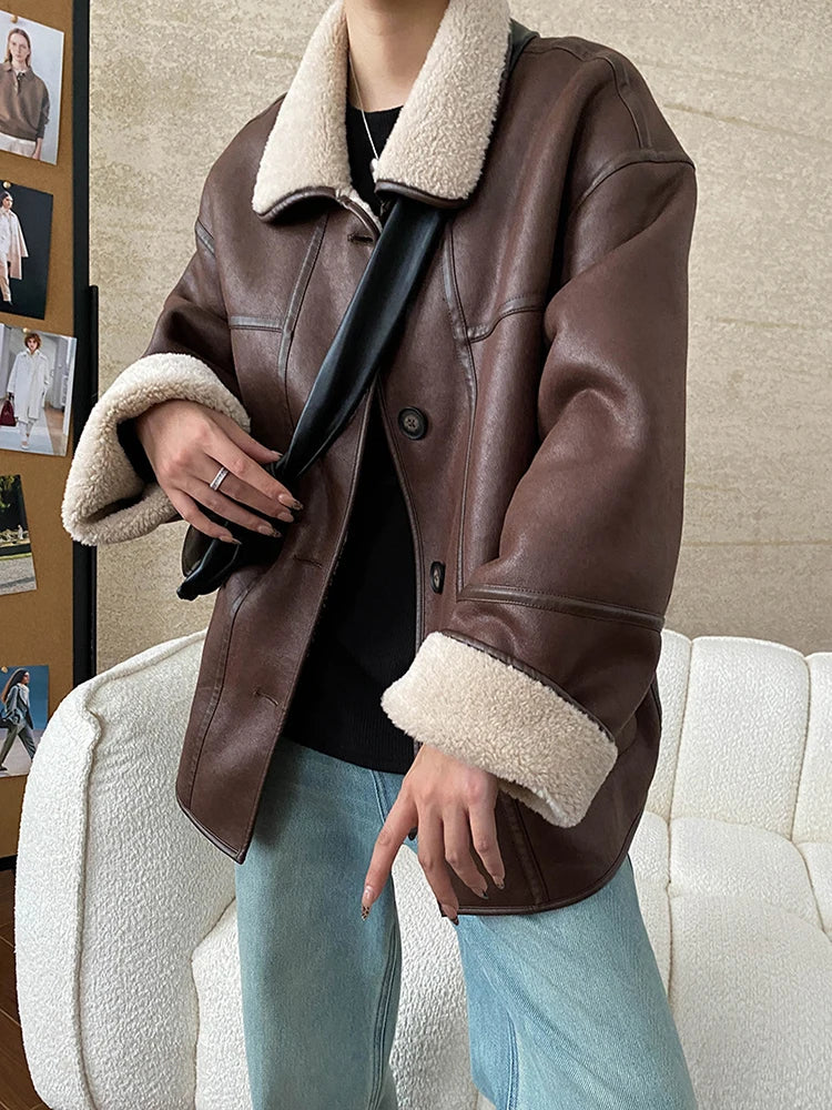 [LANMREM] Faux Fur Thick Warm Coats Lapel Single Breasted Office Lady Elegant Female Outwear Fashion 2025 Winter New 26C1095
