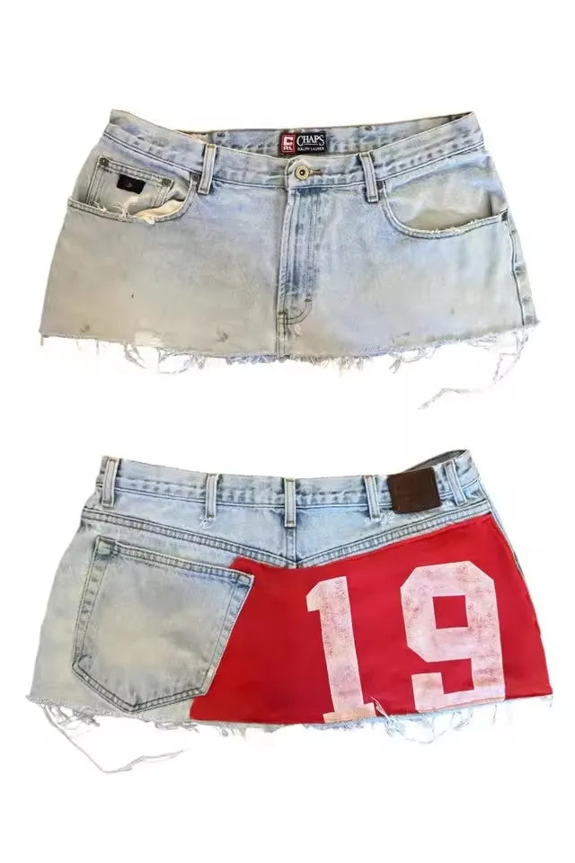 Women Sweetheart Retro Denim Short Y2K Short Skirt Hiphop Digital Patchwork Patchwork Baggy Short High Waist Slim Fit Mini Skirt