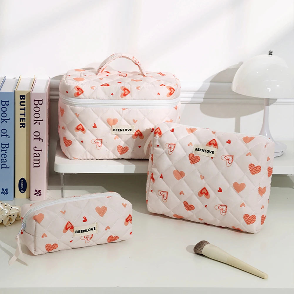3pcs Aesthetic Cosmetic Organizer Set Quilted Cotton Sweet  Women Makeup Pouch Cherry/Heart Pattern Skincare Clutch Toiletry Bag