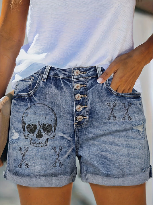 2025 Summer New Retro Punk Skull Printed Ripped Denim Shorts For Women Casual Elastic Curled Jeans Shorts