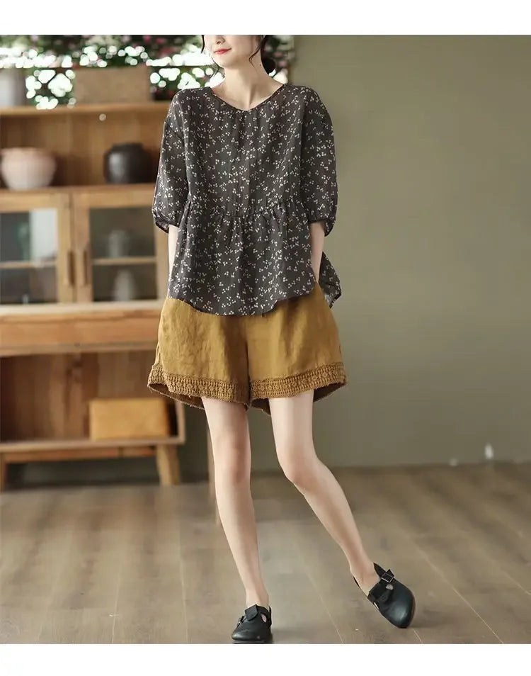 Cotton and Linen Shorts for Women Wearing Thin Mother Cotton and Linen Pants for Women Large Size Casual Linen Wide-leg Pants