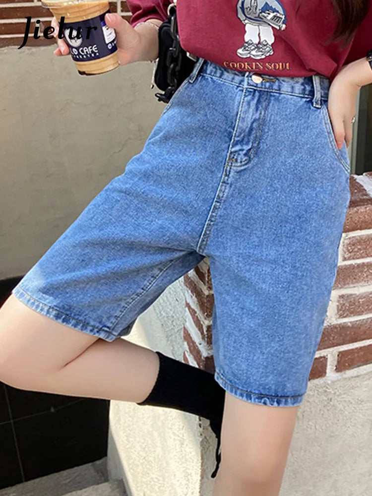 Jielur New Summer Women Vintage Wide Leg Straight Denim Shorts Streetwear Female Loose High Waist Retro Ladies Jeans Shorts