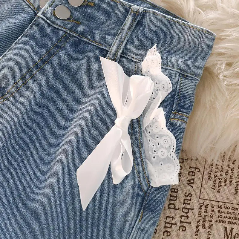 Japanese Preppy Style Bow Lace Patchwork Y2k Shorts Women Summer Straight Hotsweet High Waist Denim Short Pants Ruched