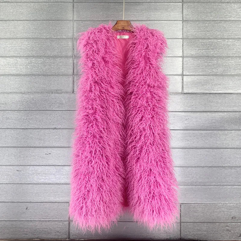 Winer Women Warm Faux Fur Plush Coats Mongolia Sheep Fur Women Long Vest Female Jacket Autumn Furry Sleeveless Outerwear 2024
