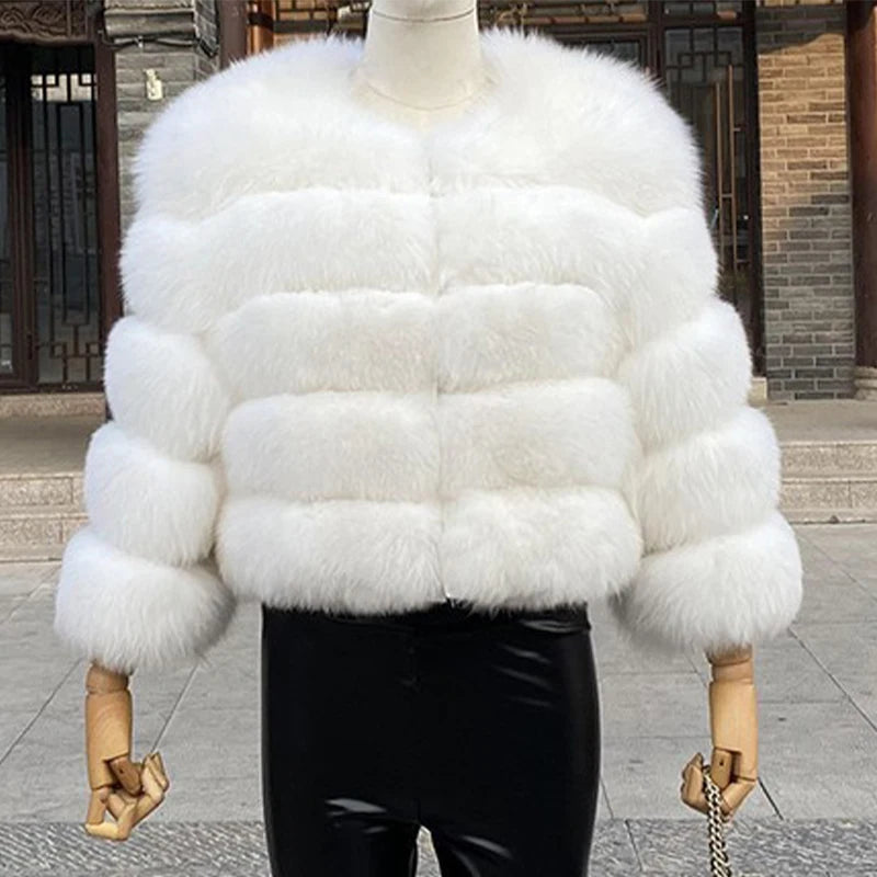 Fur Faux Jacket Women Coat Elegant Round Neck Long Sleeve Furry Female Coats 2024 Winter Fashion Lady Warm Solid Streetwears