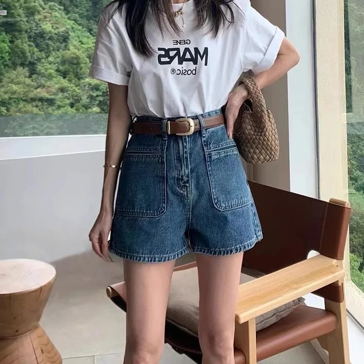 Retro High Waist Straight Jeans Shorts Female Hot Girl Versatile Slim A-line Loose Wide-leg Hot Pants Ins