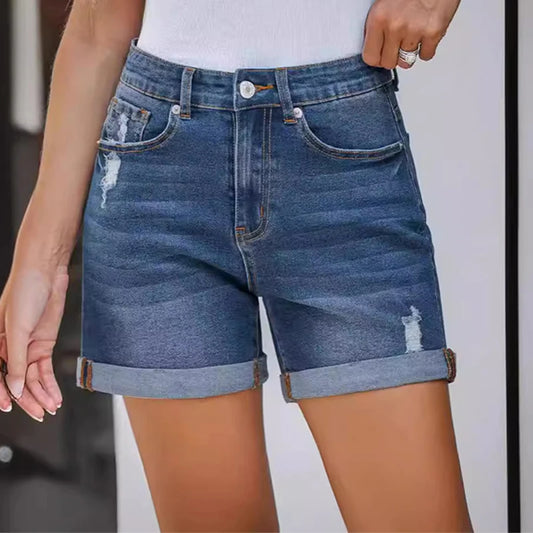High Street Worn-Out Rolled Women Jean Shorts Summer New Straight Slimming Denim Shorts Korean Fashion Plain Female Hot Pants