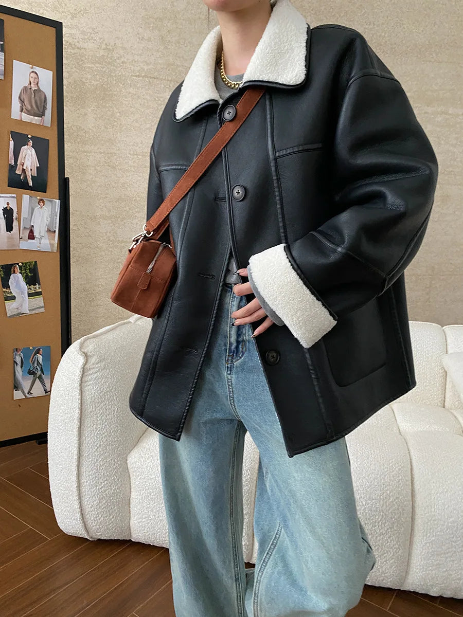 [LANMREM] Faux Fur Thick Warm Coats Lapel Single Breasted Office Lady Elegant Female Outwear Fashion 2025 Winter New 26C1095