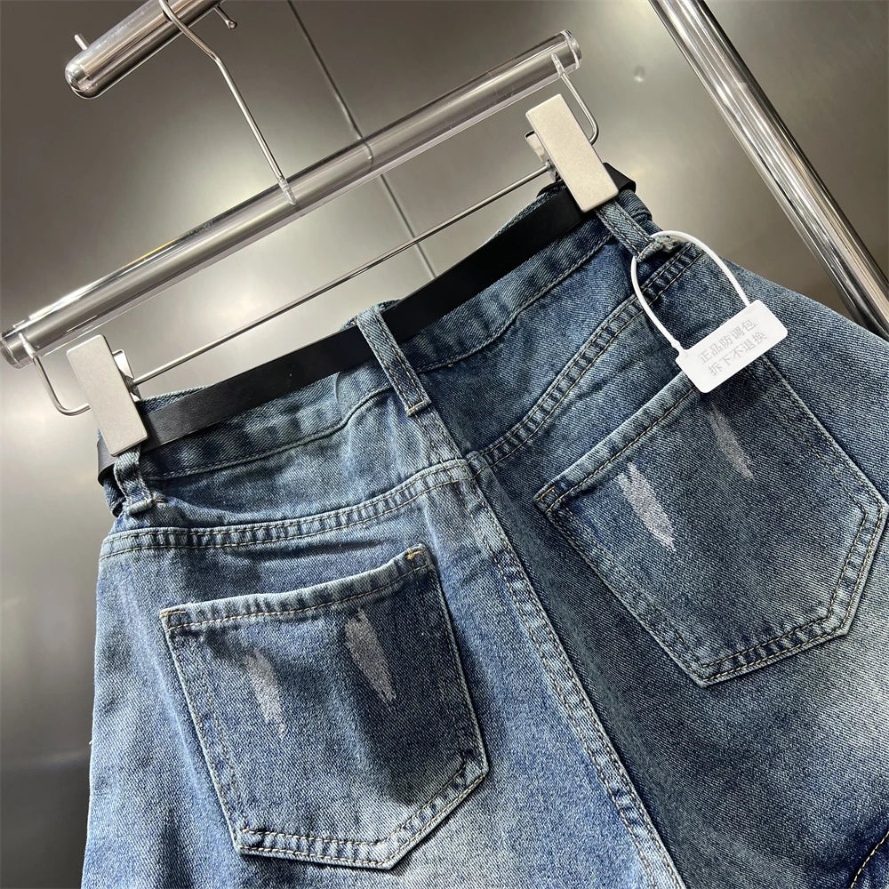 Women's Elastic Bud Denim Shorts High Waist Pocket Loose Wide Leg Jeans Pants Streetwear Casual Summer Fashion Short Pants