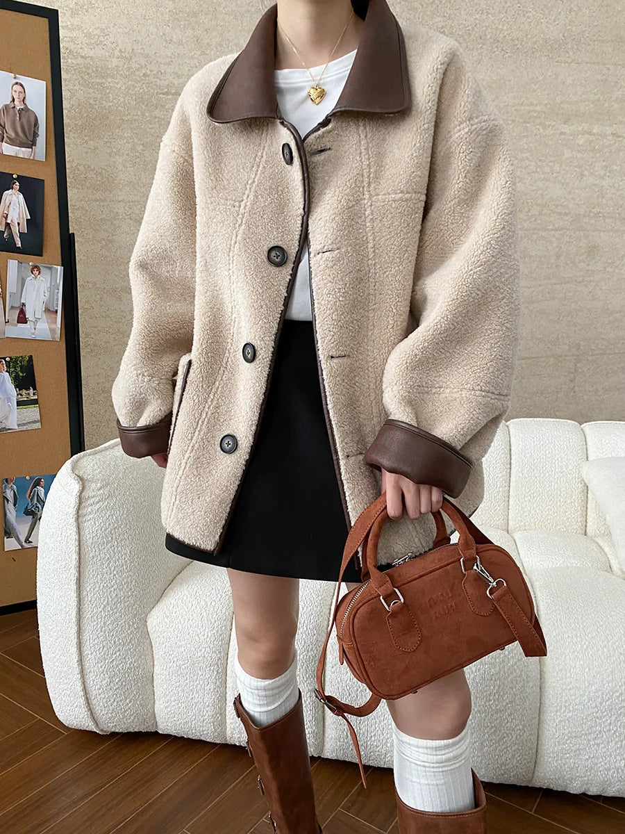 [LANMREM] Faux Fur Thick Warm Coats Lapel Single Breasted Office Lady Elegant Female Outwear Fashion 2025 Winter New 26C1095