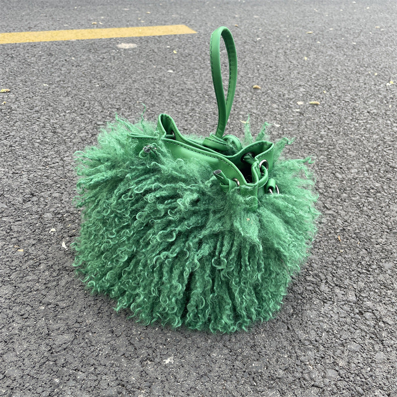 Luxury Colorful Tassels Furry Drawstring Bucket Bag Women Plush Handbag Harajuku Street Punk Y2k Hot Girls Faux Fur Shoulder Bag