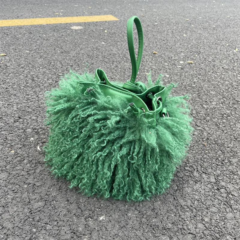Luxury Colorful Tassels Furry Drawstring Bucket Bag Women Plush Handbag Harajuku Street Punk Y2k Hot Girls Faux Fur Shoulder Bag