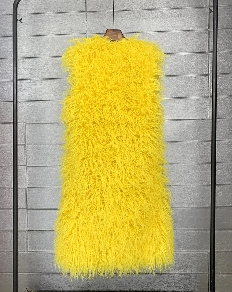 Winer Women Warm Faux Fur Plush Coats Mongolia Sheep Fur Women Long Vest Female Jacket Autumn Furry Sleeveless Outerwear 2024