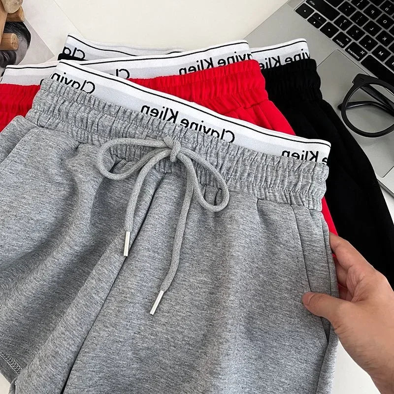 High Waist Drawstring Elastic Shorts Casual Sports Hot Pants Women's Summer New Letter Print Slimming Fake Two-Piece Pants