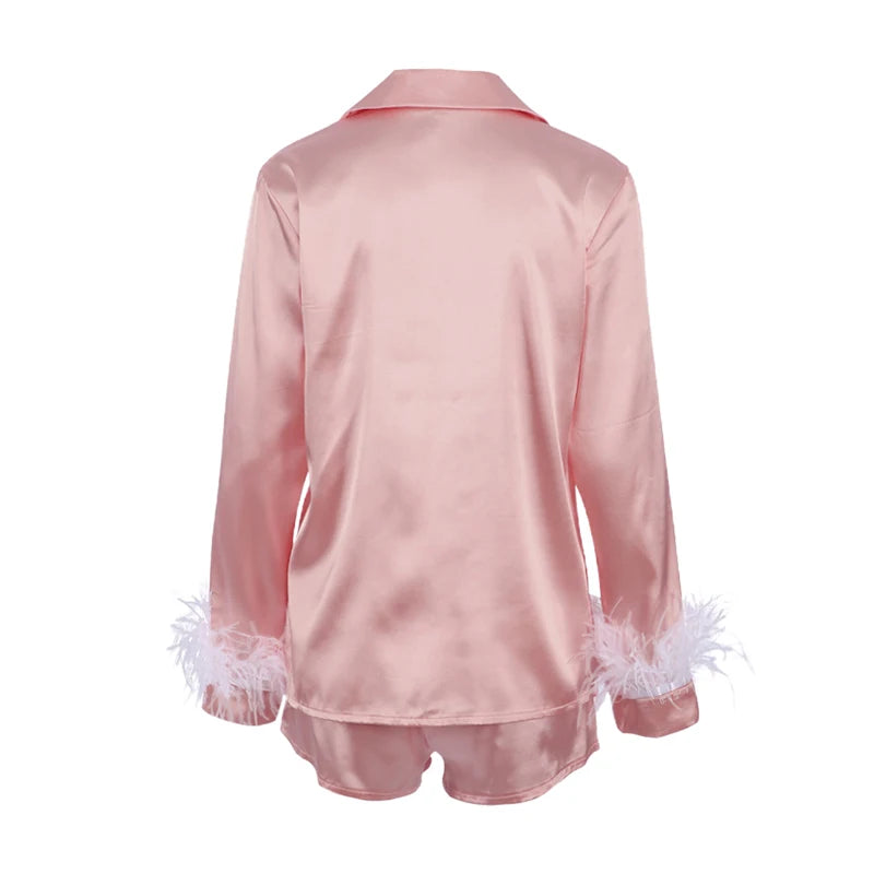 Women 2PCS Pajamas Patchwork Feather Cuffs Solid Color Long Sleeve Lapel Button Shirt with Short Pants Loose Loungewear Outfits