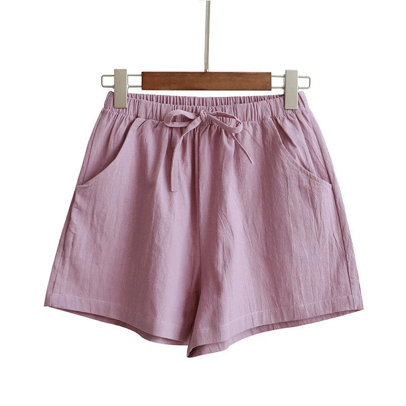 Women Solid Color Shorts High Waist Cotton And Linen Shorts Linen Slimming Loose Hot Pants Light Casual Elastic Waist Pants