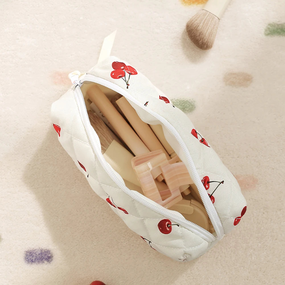 3pcs Aesthetic Cosmetic Organizer Set Quilted Cotton Sweet  Women Makeup Pouch Cherry/Heart Pattern Skincare Clutch Toiletry Bag