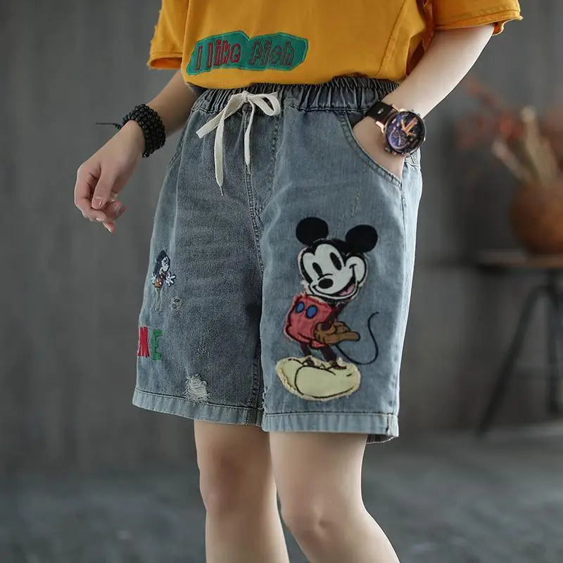 Fashion Korean High Waist Embroidery Denim Shorts for Female Summer Casual Pockets Spliced Loose Wide Leg Pants Women's Clothing
