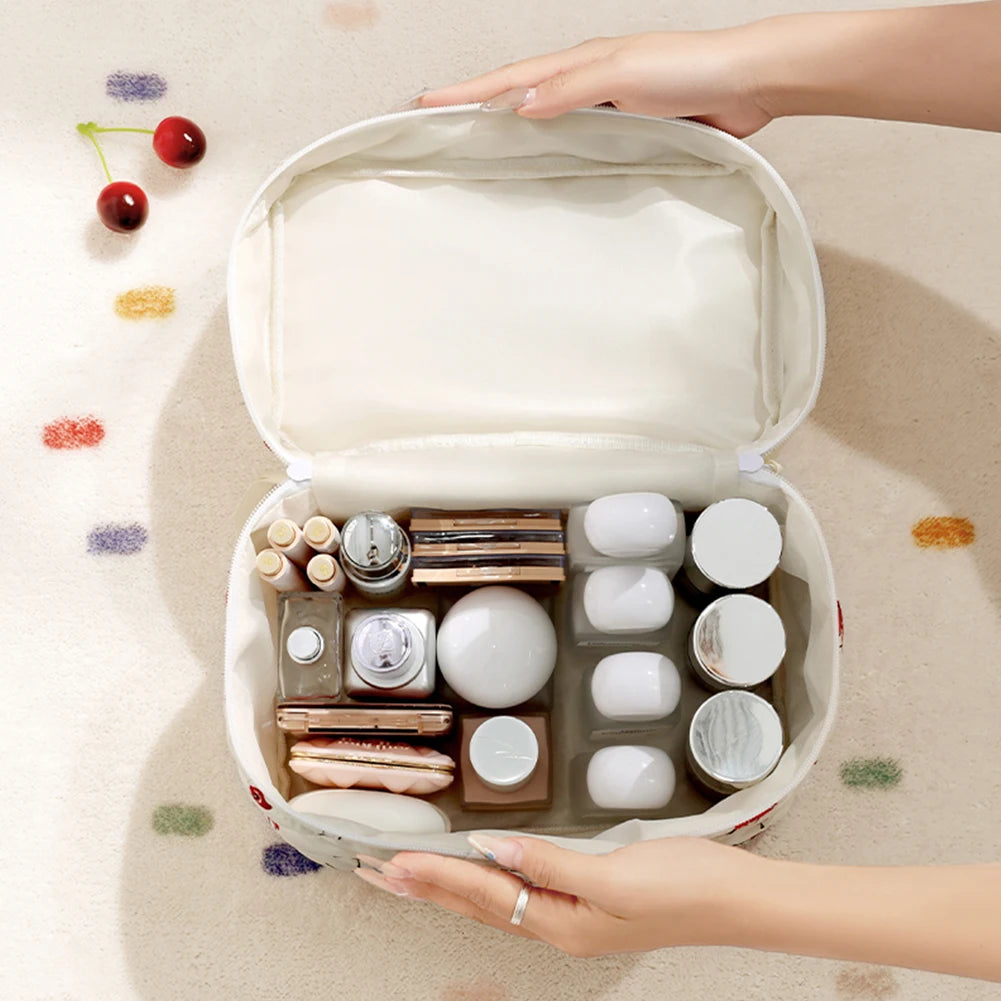 3pcs Aesthetic Cosmetic Organizer Set Quilted Cotton Sweet  Women Makeup Pouch Cherry/Heart Pattern Skincare Clutch Toiletry Bag