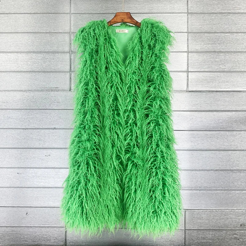 Winer Women Warm Faux Fur Plush Coats Mongolia Sheep Fur Women Long Vest Female Jacket Autumn Furry Sleeveless Outerwear 2024
