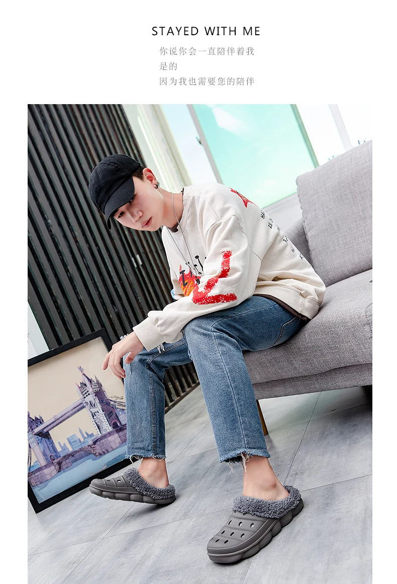 Waterproof cotton slippers for men winter 2024 new cashmere thickened warm waterproof non-slip indoor shoes