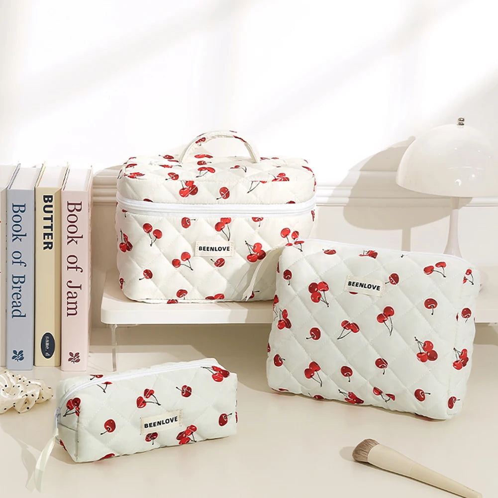 3pcs Aesthetic Cosmetic Organizer Set Quilted Cotton Sweet  Women Makeup Pouch Cherry/Heart Pattern Skincare Clutch Toiletry Bag