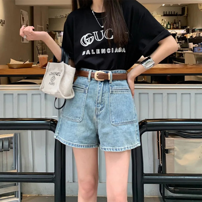 Retro High Waist Straight Jeans Shorts Female Hot Girl Versatile Slim A-line Loose Wide-leg Hot Pants Ins