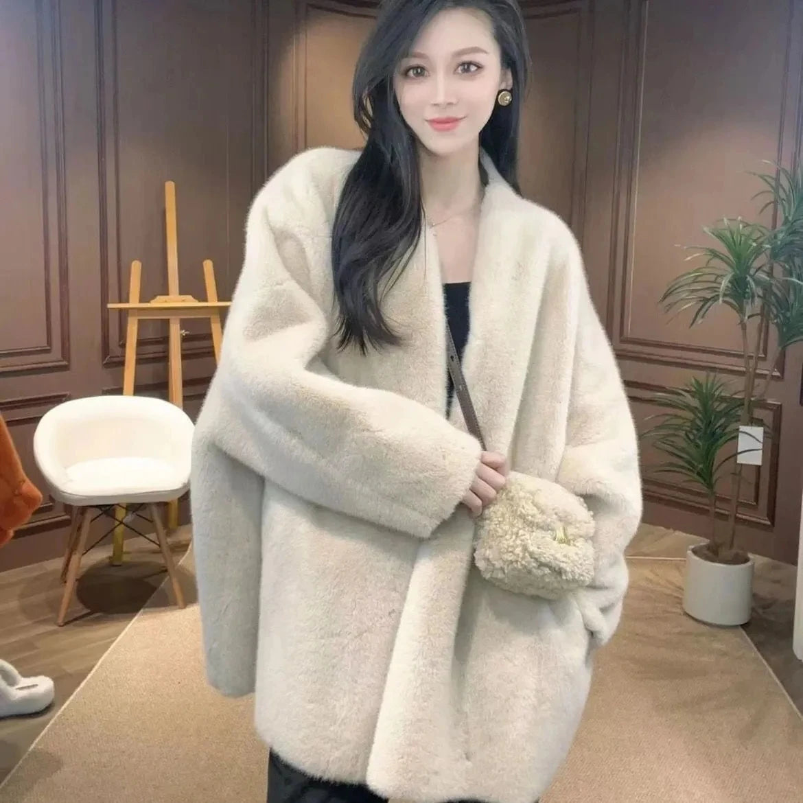 Faux Mink Fur Coat for Women, Open Stitch Jacket,V-Neck Outwear,Thick Furry,Autumn and Winter,New,2024