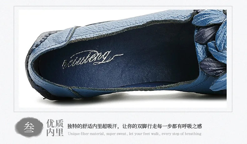 Genuine Leather Ballet Flats Women's Slip On Loafers Vintage Handmade Flower Soft Muffin Platform Casual Walk Dress Shoes Woman