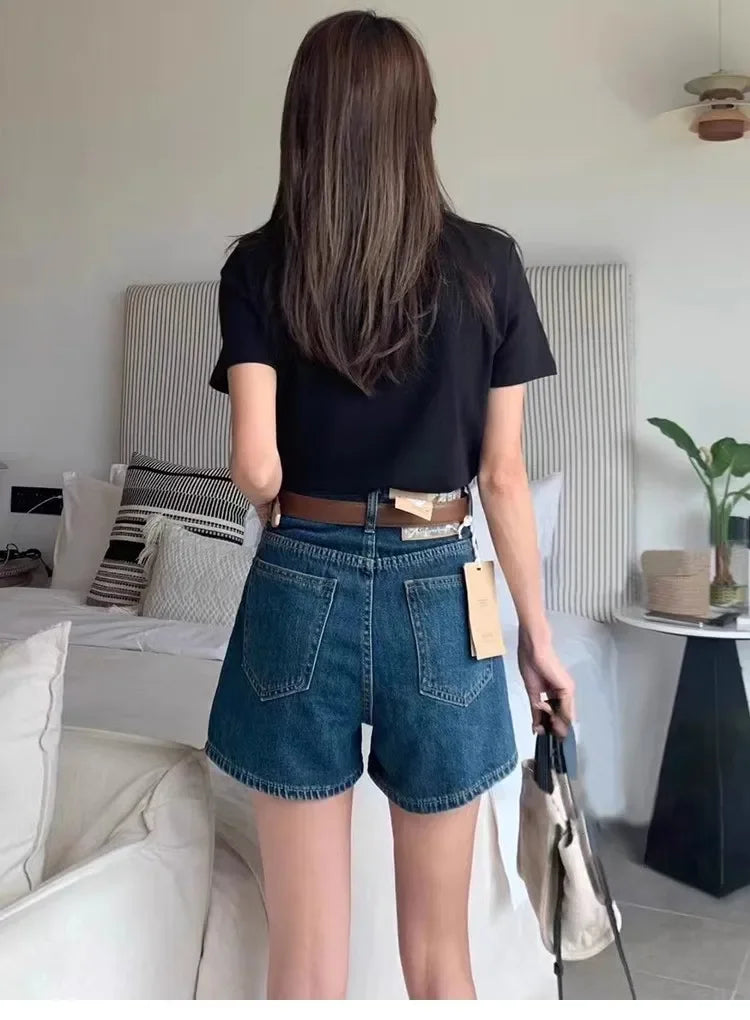 Retro High Waist Straight Jeans Shorts Female Hot Girl Versatile Slim A-line Loose Wide-leg Hot Pants Ins