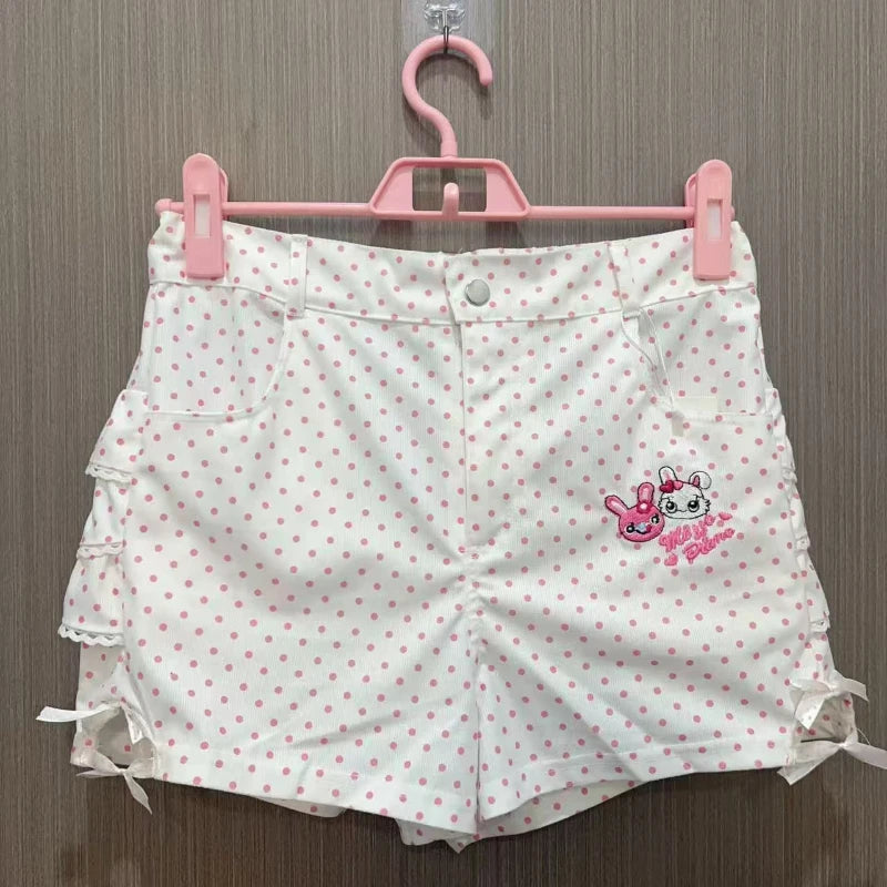 Japanese Sweet Cartoon Embroidery Lolita Shorts Women Kawai Polka Dot Print Hollow Out Bow Short Pants Y2k Aesthetic Cute Shorts