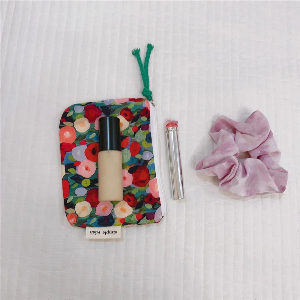 Fresh Floral Print Cotton Lipstick Purse Mini Storage Small Cloth Bag Headphone Bag Travel Cosmetic Pouch Make Up Storage Bag