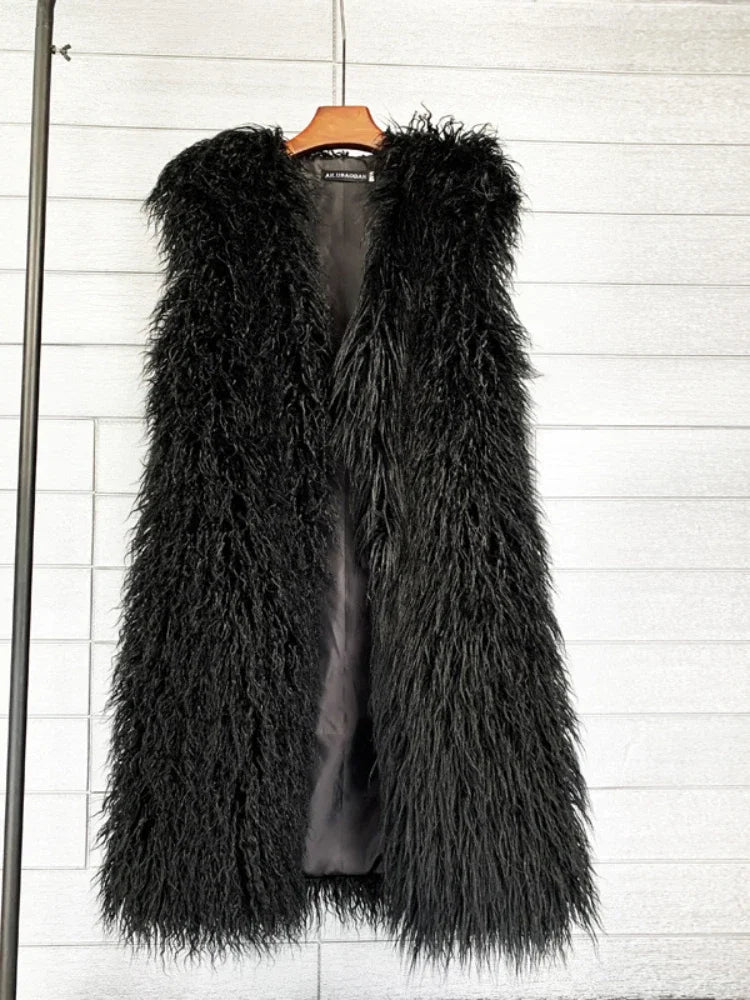 Winer Women Warm Faux Fur Plush Coats Mongolia Sheep Fur Women Long Vest Female Jacket Autumn Furry Sleeveless Outerwear 2024