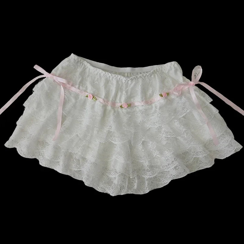 Multilayer Lace Shorts Women Lolita Ribbons Flower Ruffles Elastic Waist Cute Bottoming Shorts for Sweet Girls Kawaii Clothes