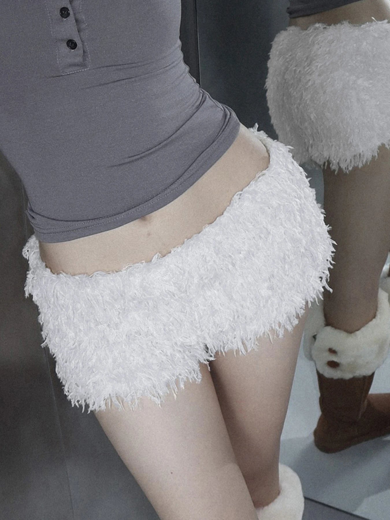 Faux Fur Solid Knitted Women’s Short Chic Y2K Skinny Simple Low Waist Autumn Winter Design Basic Pants